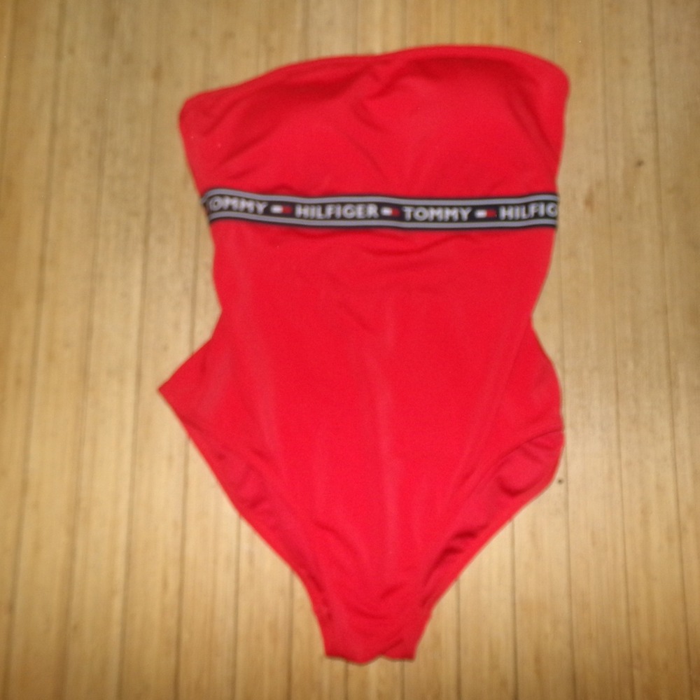 Tommy Hilfiger Red Bandeau One Piece Swimsuit Logo Tape Cutout Back Womens